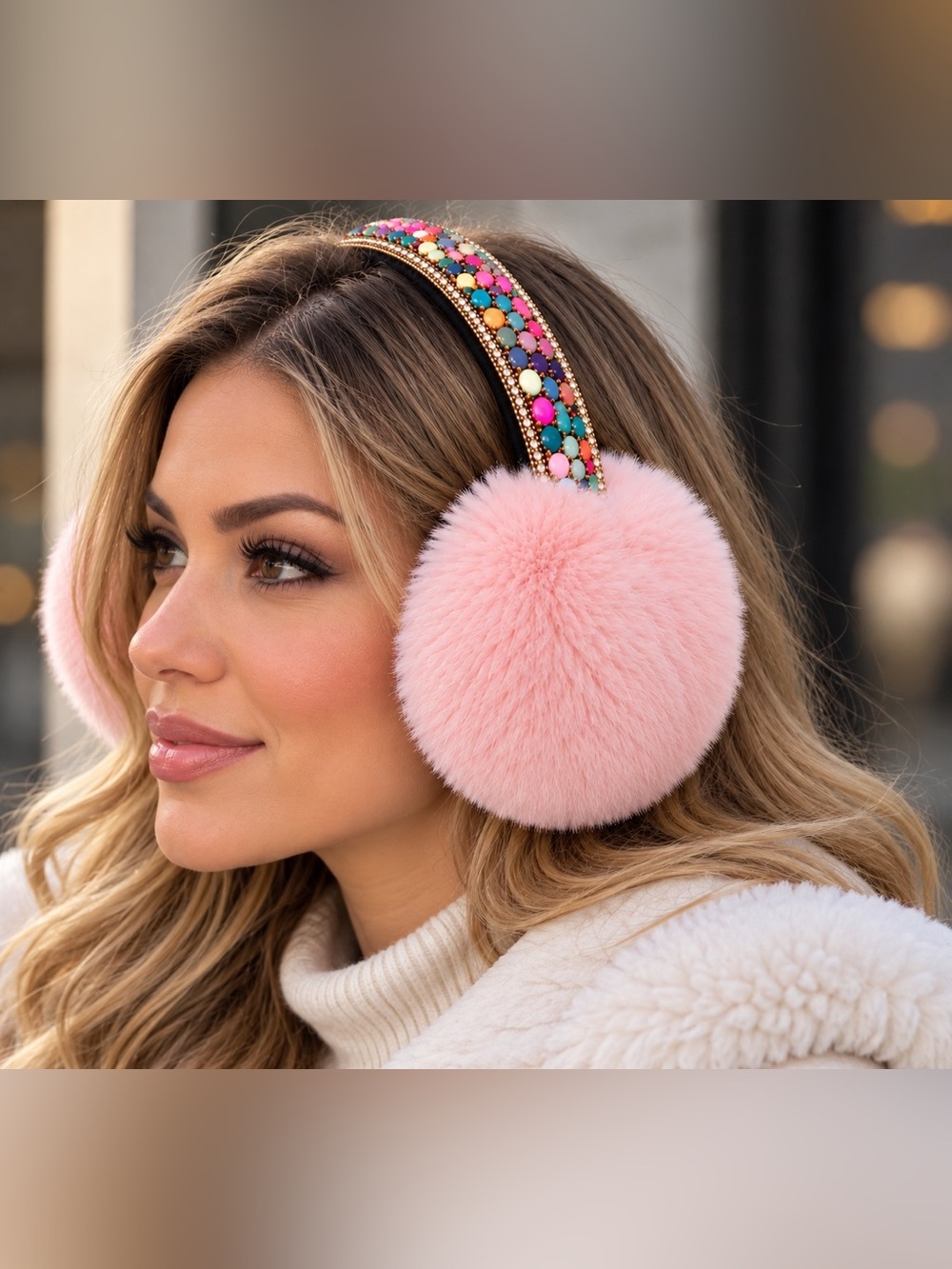 Winter Warm Soft Fuzzy Bejeweled Earmuffs – Pink | Brand New